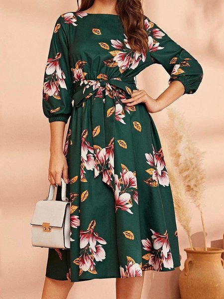 

Elegant Crew Neck Floral Midi Spring Dress, Green, Midi Dresses