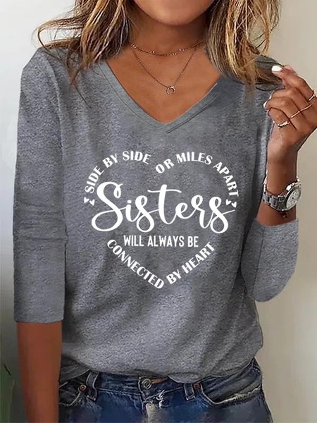 

Women Sister Text Letters Regular Fit Casual V Neck T-Shirt, Gray, Long sleeves