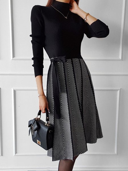 

Elegant Turtleneck Striped Long Sleeve Midi Dress, Black, Midi Dresses