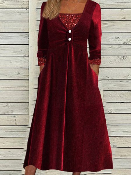 

Crew Neck Velvet Loose Casual Dress, Red, Midi