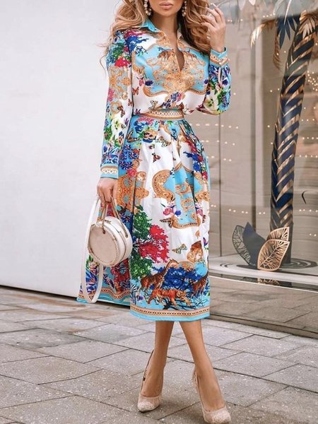 

Long sleeve Animal Regular Fit Elegant Shirt Collar Dress, Blue, Midi Dresses