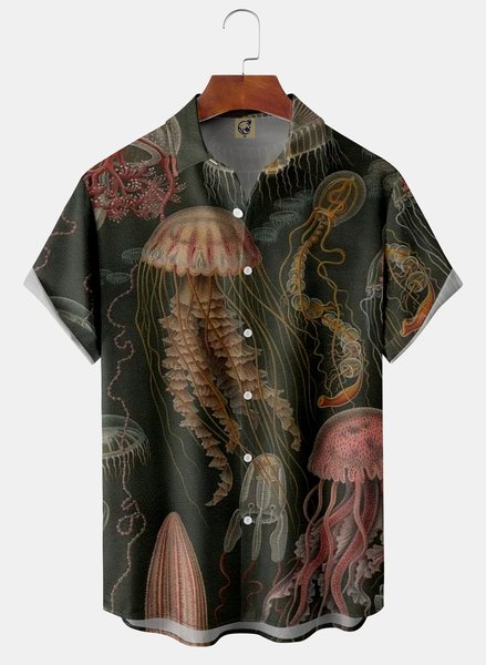

Jellyfish Chest Pocket Short Sleeve Casual Shirt, Darkgreen, Men Shirts