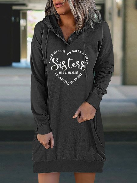 

Hoodie Casual Text Letters Dress, Deep gray, Mini Dresses