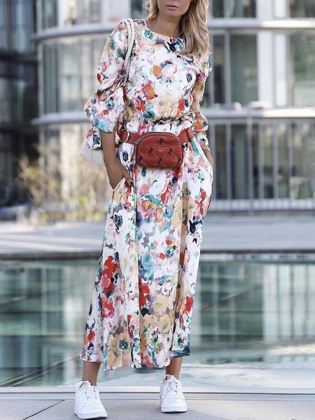 

Long sleeve Elegant Regular Fit Floral Dress, Red, Midi Dresses