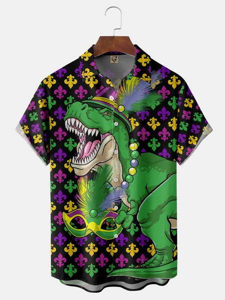 

MARDI GRAS Dinosaur Chest Pocket Short Sleeve Shirt, Black, Men Shirts