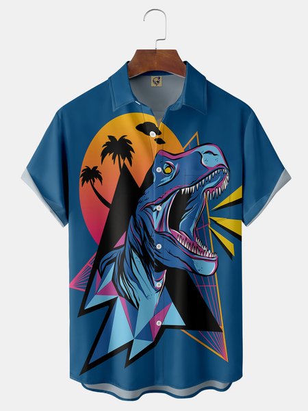 

Dinosaur Chest Pocket Short Sleeve Hawaiian Shirt, Blue, Men Shirts