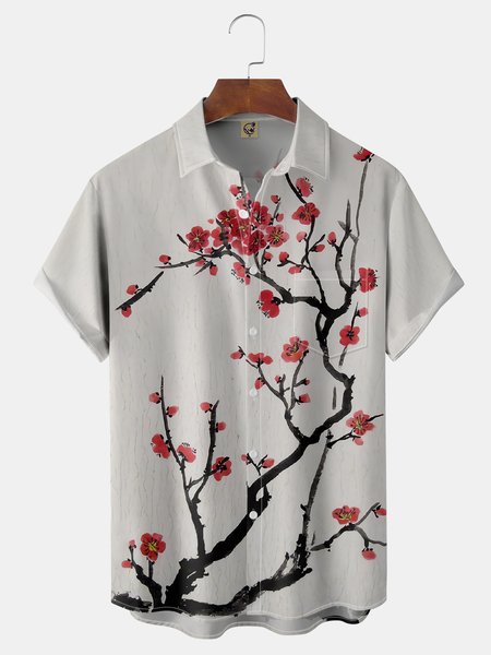 

Ukiyo-e Chest Pocket Short Sleeve Shirt, White-gray, Men Shirts