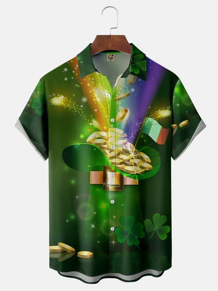

St. Patrick's Day Chest Pocket Short Sleeve Shirt, Green, Men Shirts