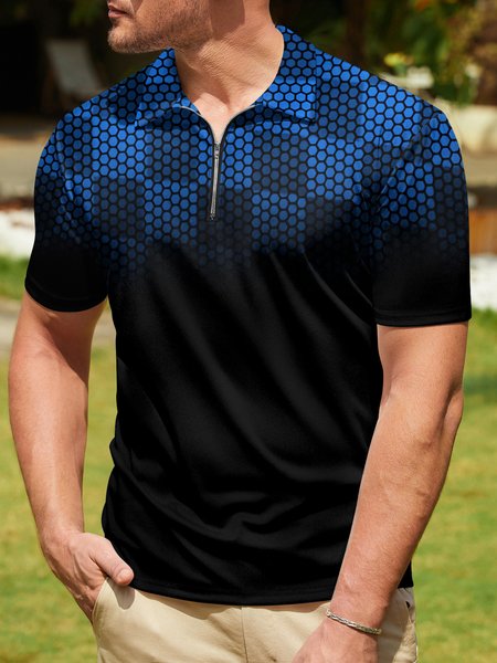 

Ombre Abstract Geometric Zip Short Sleeve Polo, Blue, Polo Shirts