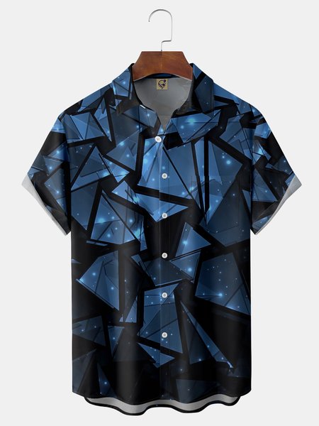 

Geometric Irregular Pattern Chest Pocket Short Sleeve Shirt, Blue, Men Shirts