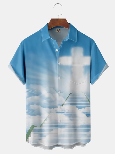 

Crucifix Chest Pocket Short Sleeve Casual Shirt, Sky blue, Men Shirts