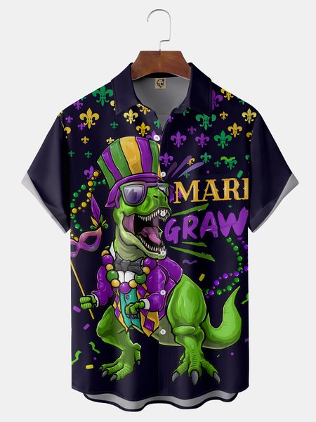 

MARDI GRAS Dinosaur Chest Pocket Short Sleeve Shirt, Black, Men Shirts