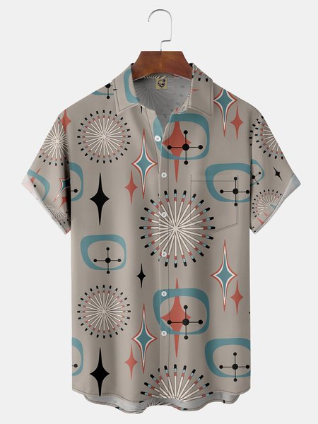 

Geometric Chest Pocket Short Sleeve Shirt, Gray, Men Shirts