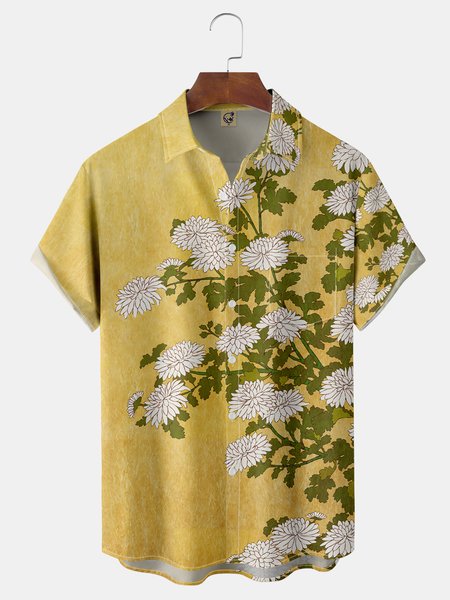 

Ukiyo-e Chest Pocket Short Sleeve Shirt, Yellow, Men Shirts