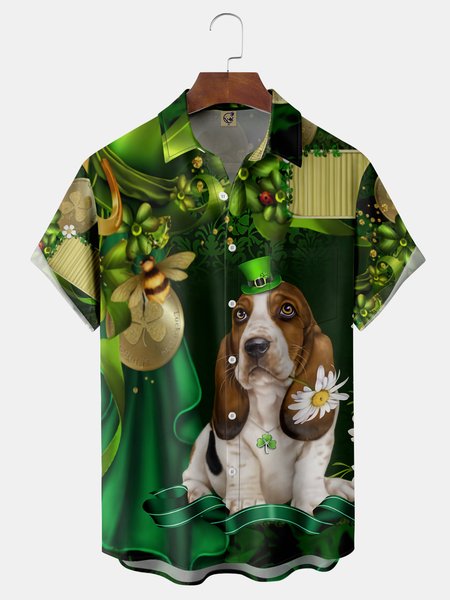 

St. Patrick's Day Chest Pocket Short Sleeve Casual Shirt, Green, Men Shirts