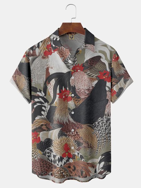 

Ukiyoe Rooster Chest Pocket Short Sleeve Casual Shirt, Apricot, Men Shirts
