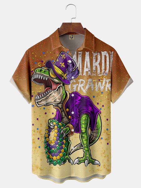 

MARDI GRAS Dinosaur Chest Pocket Short Sleeve Shirt, Yellow, Men Shirts