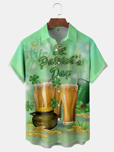 

St. Patrick's Day Chest Pocket Short Sleeve Shirt, Green, Men Shirts