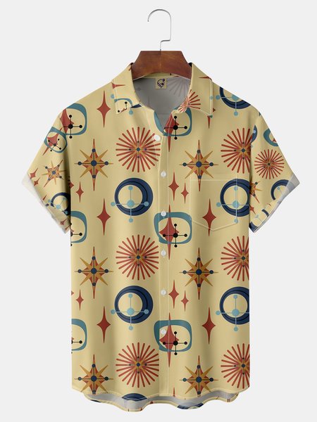 

Geometric Chest Pocket Short Sleeve Shirt, Yellow, Men Shirts