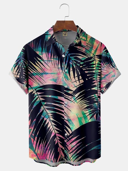 

Palm Leaf Chest Pocket Short Sleeve Hawaiian Shirt, Black, Men Shirts