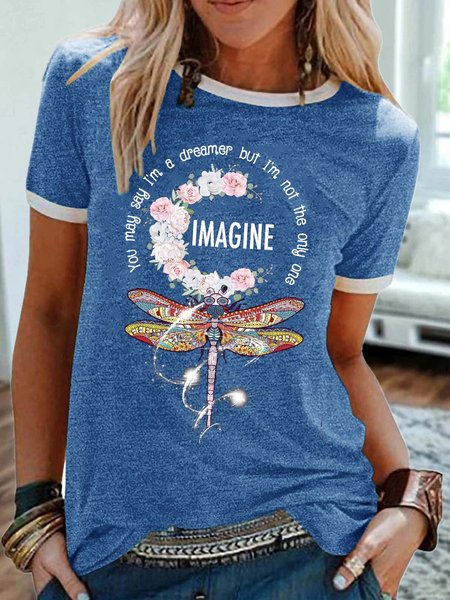 

Women's Image Dragonfly Print Casual Crew Neck T-Shirt, Blue, T-shirts