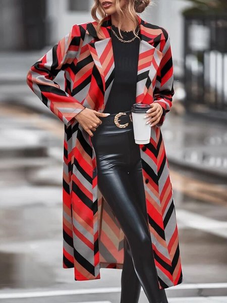 

Chevron Print Lapel Collar Overcoat, Multicolor, Trench Coats
