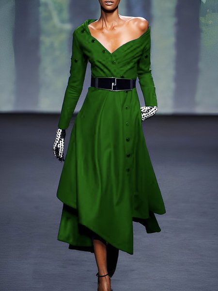 

Shirt Collar Elegant Plain Long Sleeve Regular Fit Midi Dress, Green, Midi Dresses