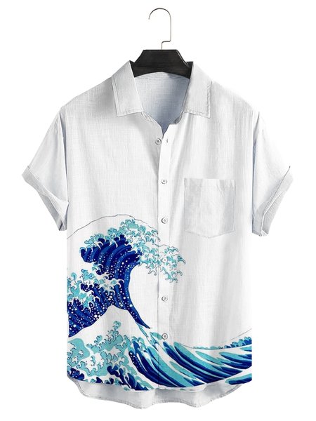 

Ukiyoe Wave Chest Pocket Short Sleeve Casual Shirt, White, Men Shirts