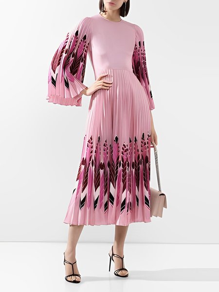 

Elegant Regular Fit Crew Neck Long Sleeve Midi Dress, Pink, Midi Dresses