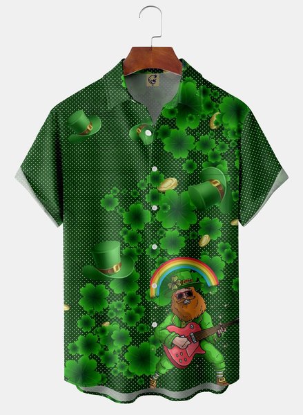 

St. Patrick's Day Chest Pocket Short Sleeve Casual Shirt, Green, Men Shirts