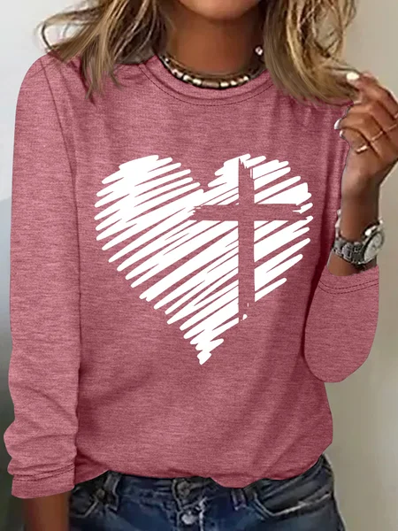 

Women's Jesus Heart and Cross Simple Crew Neck Top, Pink, Long sleeves