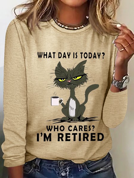 

Women's Who Cares I'm Retired Funny Cat Cotton-Blend Long Sleeve Top, Khaki, Long sleeves