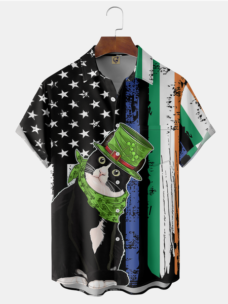

St. Patrick's Day Cat Chest Pocket Short Sleeve Shirt, Black, Men Shirts