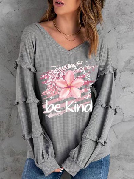 

Flouncing Loose Lantern Sleeve Casual Floral Top, Gray, Clothing