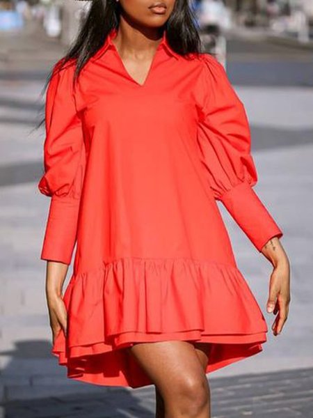 

Plain Flouncing Shirt Collar Elegant Dress, Orange red, Mini Dresses