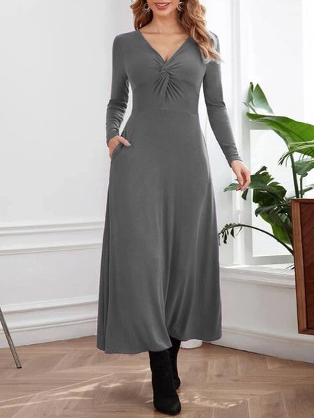 

V Neck Urban Knitted Dress, Gray, Dresses