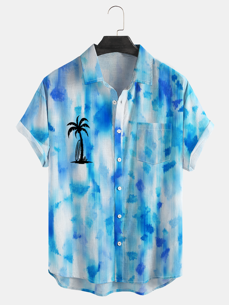 

Gradient Coconut Tree Chest Bag Short Sleeve Vacation Shirt, Blue, Men Shirts