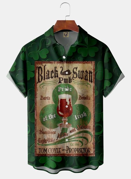 

St. Patrick's Day Chest Pocket Short Sleeve Casual Shirt, Green, Men Shirts