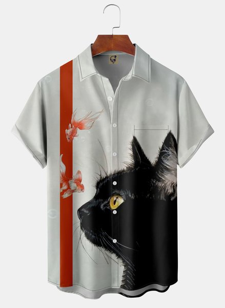 

Cat Chest Pocket Short Sleeve Casual Shirt, Off white, Men Shirts