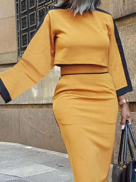 Regular Fit Crew Neck Color Block Long sleeve Elegant Blouse, Yellow, Blouses and Shirts