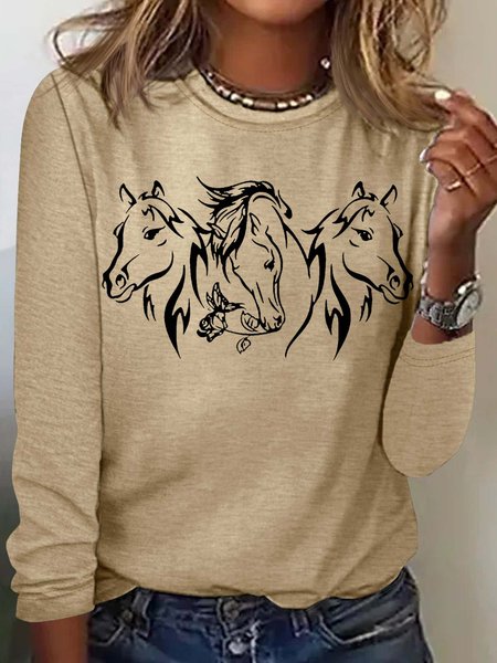 

Women's Casual Horse Flowe Print Crew Neck Top, Apricot, Long sleeves
