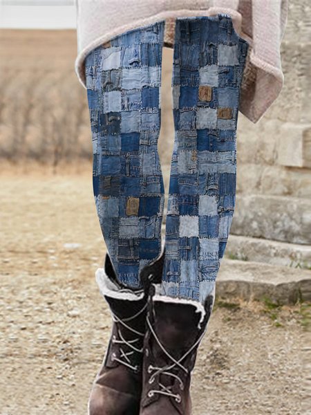 

Denim-paneled printed stretch leggings, Denim blue, Leggings