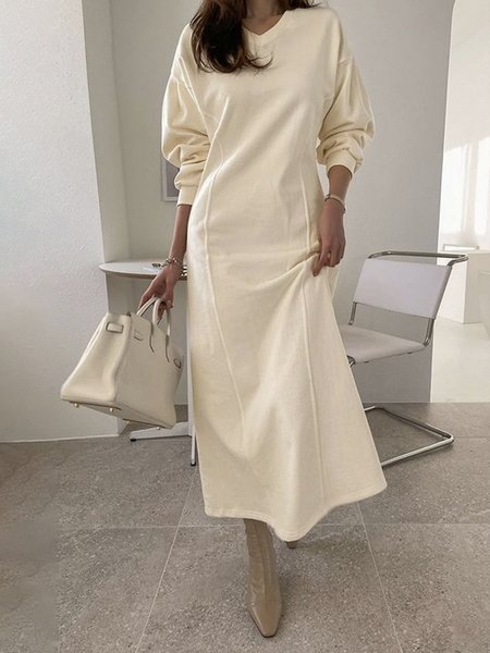 

Long sleeve V Neck Regular Fit Elegant Dress, Off white, Midi Dresses