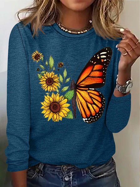 

Womens Butterfly Print Casual Crew Neck Top, Blue, Long sleeves