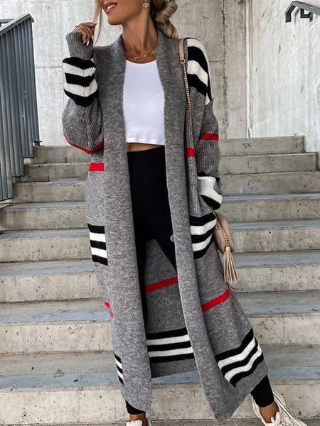 

Casual Plaid Long Sleeve Sweater Coat, Gray, Cardigans