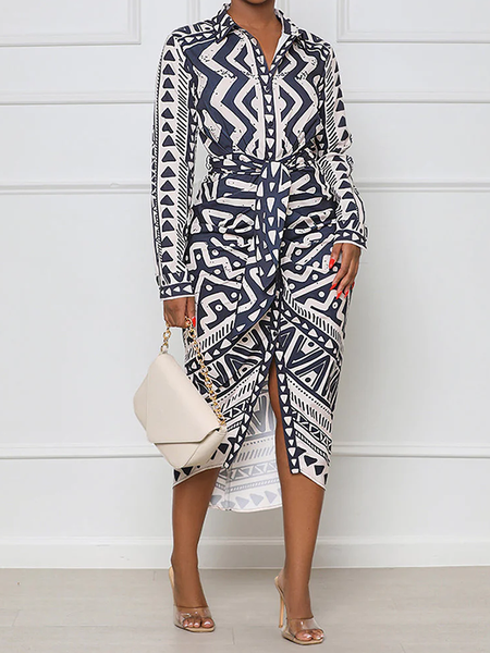 

Geometric Regular Fit Shirt Collar Long sleeve Urban Midi Dress, Blue, Midi Dresses