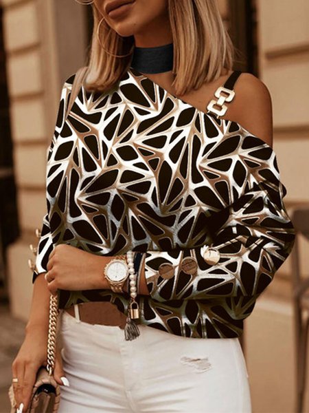 

Urban Cold Shoulder Geometric Print Chain Top, As picture, Blouses and Shirts