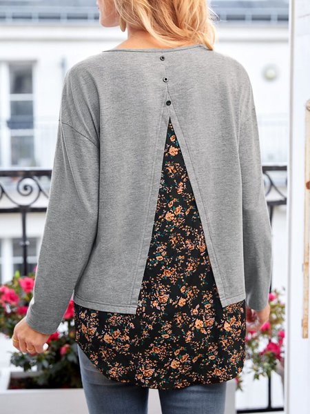 

Small Floral Stitching Loose Round Neck T-Shirt, Gray, Tops