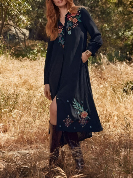 Knitted Floral Boho Dress, Black, Midi Dresses