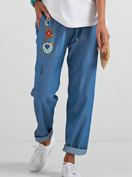 Casual Loose Floral Drawstring Pants, Blue, Pants